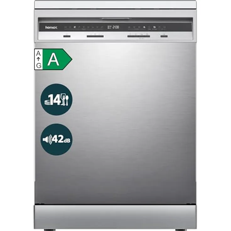 homeX DWFS601442A-S Geschirrspüler 60 cm, freistehend, 14 Maßgedecke, 9 Programme, AquaStop, unterbaufähig, 42 dB