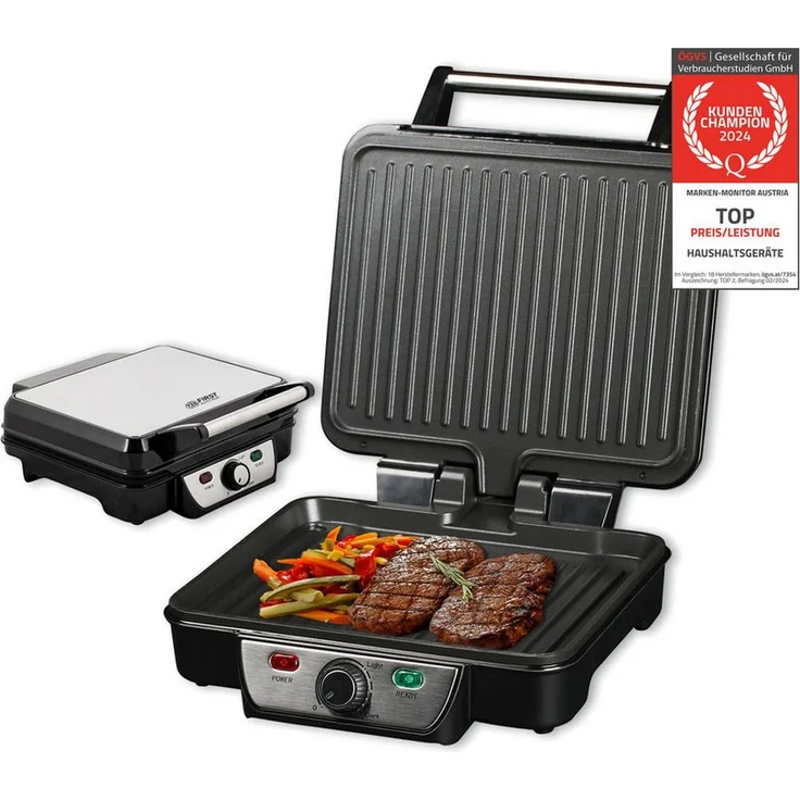 TZS FIRST AUSTRIA Kontaktgrill Tischgrill, Elektrogrill 1800W, Edelstahl, Thermostat, für Fleisch & Gemüse, 180-Grad-Öffnung - Schwarz/Edelstahl - Preisvergleich – Bild 1