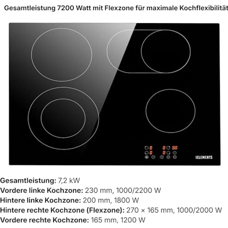 KB Elements Elektro-Kochfeld, 7200 Watt, Glaskeramik, 4 Kochzonen, Flexzone, Touchscreen, Sicherheitssystem – Bild 6