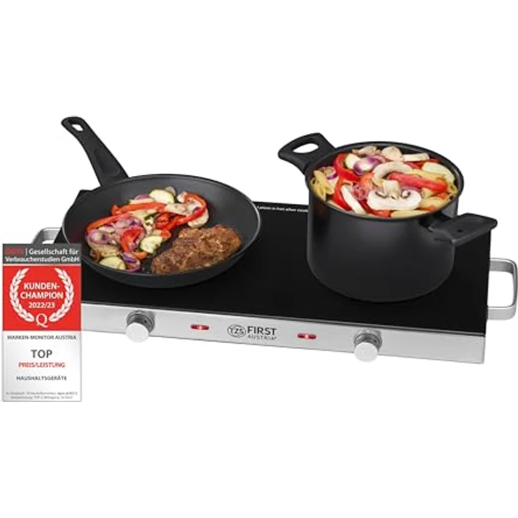 TZS First Austria Infrarot Keramik-Herdplatte doppelt | ALLE Topfarten | Doppelkochplatte 20cm / 16,5cm | Kochfeld für Umzug, Camping, Ferienwohnung - schnelles Aufheizen & stufenlose Einstellung – Bild 1