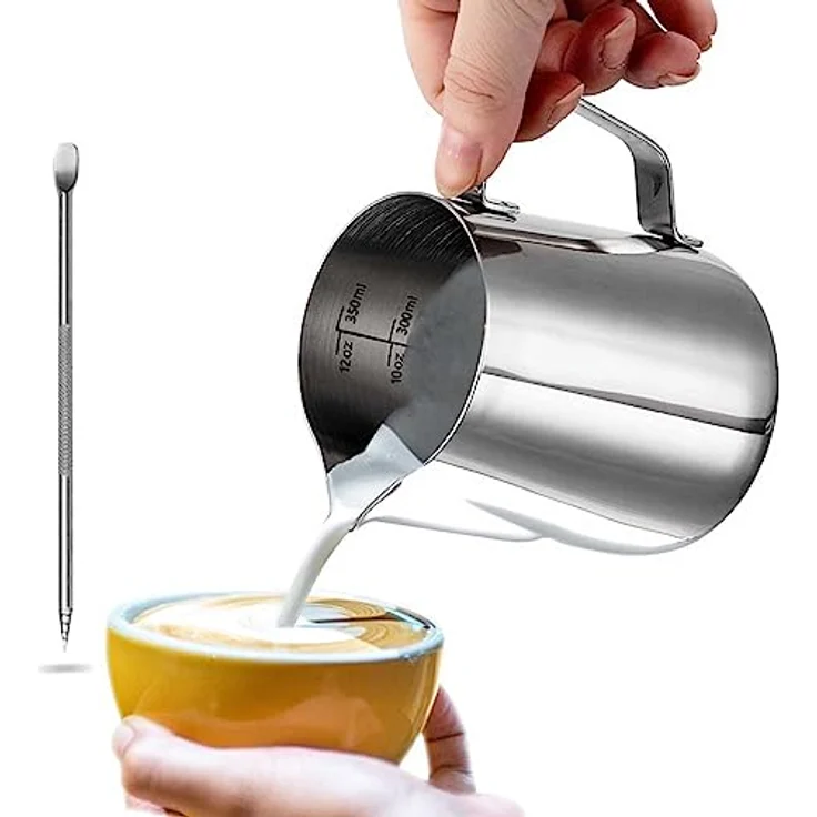 Dailyart Milchkännchen aus Edelstahl, 350ml/12oz, tropffreies Design, ergonomischer Griff, Silber – Bild 1