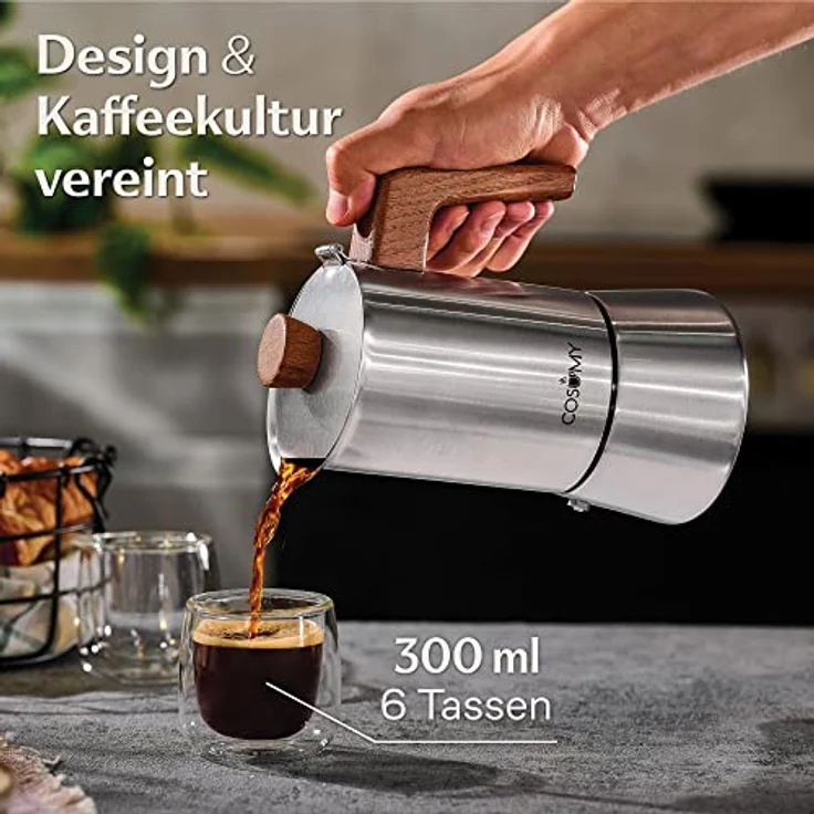 Cosumy Espressokocher, Induktionsgeeignet, aus Edelstahl und FSC-zertifiziertem Eichenholz, 300 ml Fassungsvermögen – Bild 2