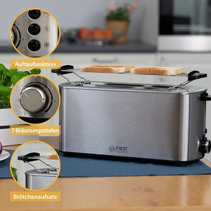 TZS First Austria FA-5367-5 Doppel-Langschlitz Toaster - 4 Scheiben, 1400W, Brötchenwärmer, Krümelablage, edelstahl – Bild 3