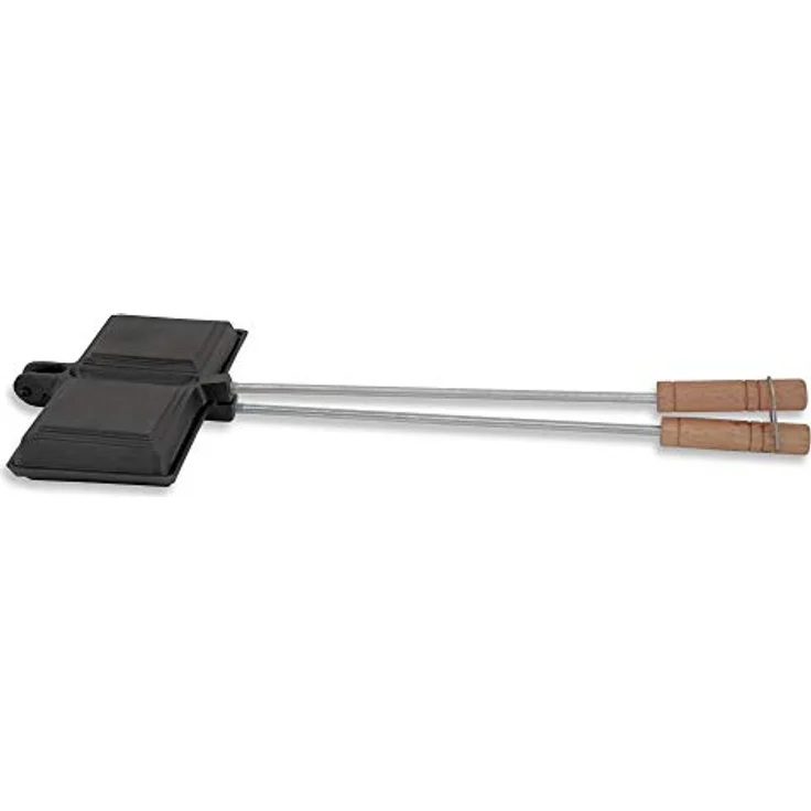 BBQ-Toro Sandwichmaker Waffeleisen, rechteckige Doppelform aus Gusseisen, bereits eingebrannt mit ergonomischen Holzgriffen – Bild 1