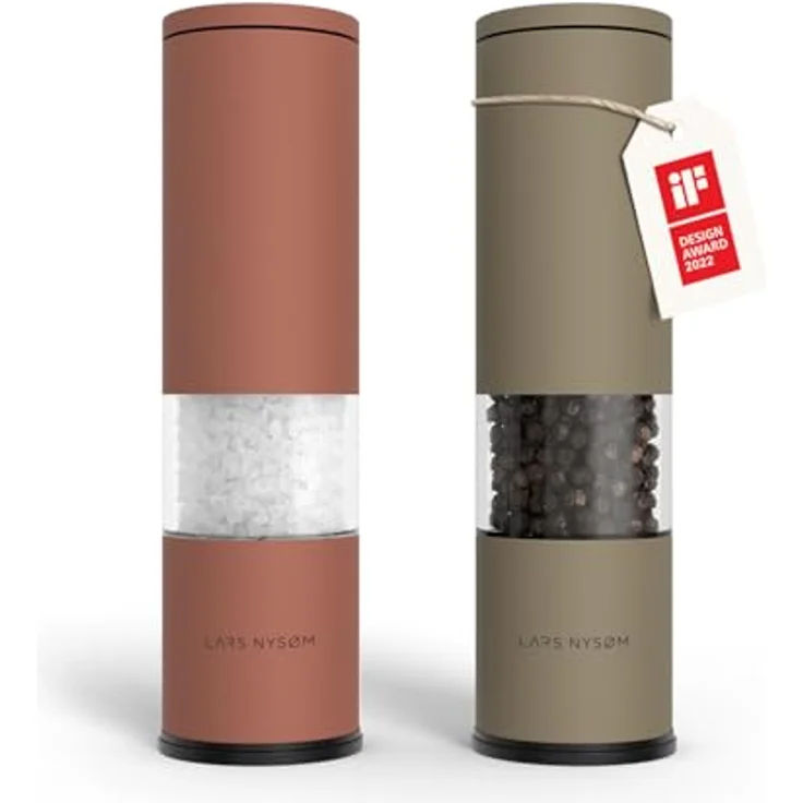 LARS NYSØM Salz und Pfeffermühle Set „Lagom“, manuell mit einstellbarem Keramikmahlwerk, Edelstahl, 2 Stück, Rot/Braun – Bild 1