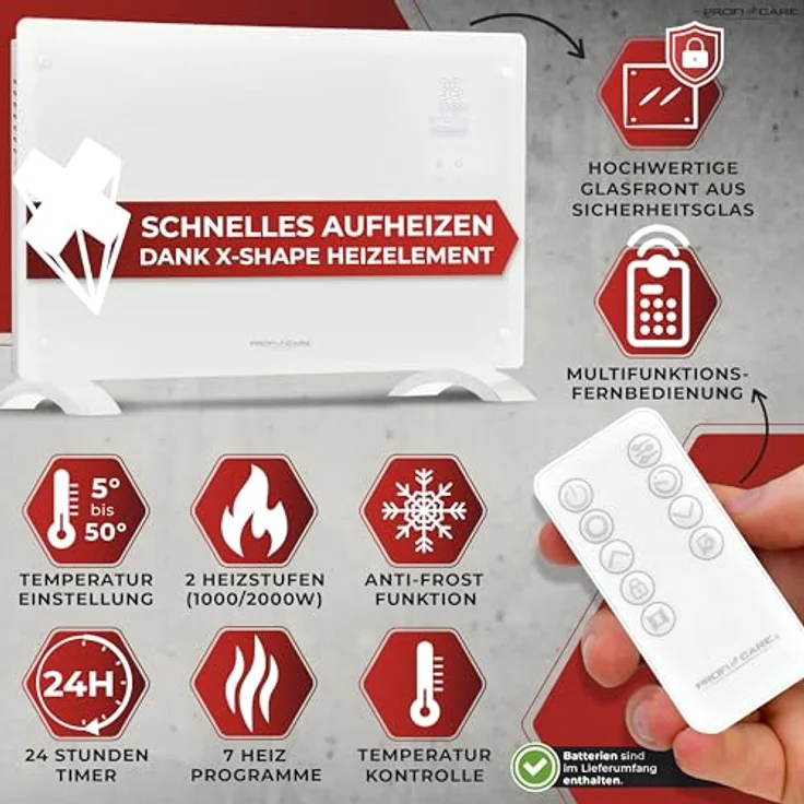 ProfiCare® Elektroheizung mit Glasfront & X-Shape Heizelement | mobiler Heizkörper auch für Wandmontage geeignet | Konvektor Heizung mit 2 Heizstufen | lautloses Heizen - 0dB | PC-GKH 3119 weiß – Bild 2