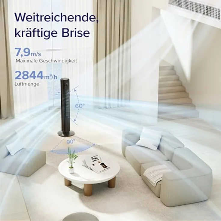 Levoit Smart Turmventilator Classic Pro, 25 dB sehr leise, 7,9 m/s, 90° Oszillation, 60° Einstellung, Fernbedienung, 12 Geschwindigkeiten, App- & Sprachsteuerung – Bild 4