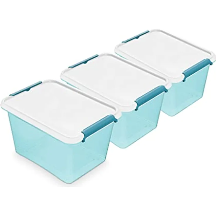 Kreher 3 Stück Aufbewahrungsboxen Arctic Blue mit Deckel aus Kunststoff. Nutzvolumen von ca. 15,5 Liter. Stapelbar und nestbar. Maße BxTxH in cm: 39 x 29 x 21,5