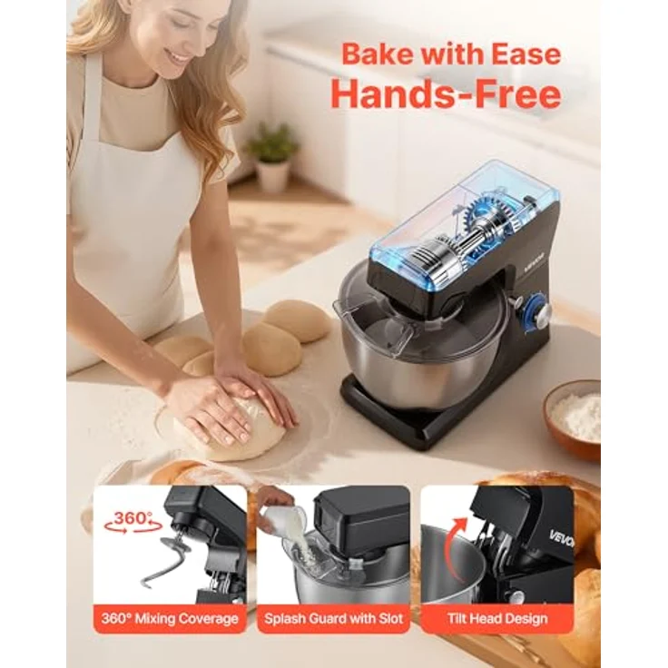VEVOR Elektrische Küchenmaschine 1500 W, 7,8 L Edelstahlschüssel, 6+P Geschwindigkeiten, inkl. Knethaken, Schneebesen und Rührbesen, schwarz – Bild 7