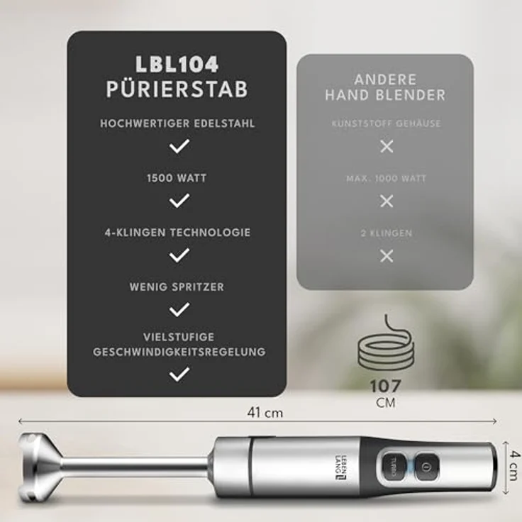 LEBENLANG 1500W Stabmixer Edelstahl, mit 800ml Messbecher, stufenlos verstellbar & Turbo-Funktion, Anti-Splash Design, spülmaschinenfest – Bild 4
