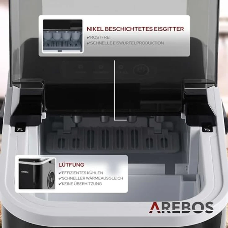 Arebos Eiswürfelmaschine | Ice Cube Maker | 12 kg / 24 h | 10-15 Minuten Produktionszeit | 1,1 Liter Wassertank | Eiswürfelbereiter | Leise | Selbstreinigungsfunktion | Schwarz – Bild 5
