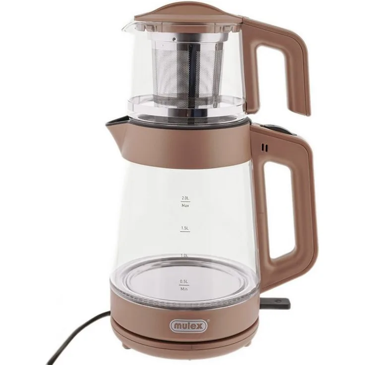 Mulex Tee Express 2-in-1 Teekocher und Wasserkocher aus hitzebeständigem Borosilikatglas, 1L + 2L, mit Warmhaltefunktion und LED-Beleuchtung, Kupfer