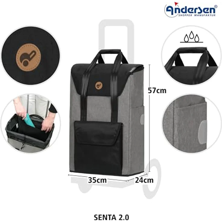 Andersen Ersatztasche - Tasche Senta 2.0 grau 49 L für Einkaufstrolley, edle Optik mit extra Trageriemen und Kordelzug – Bild 2