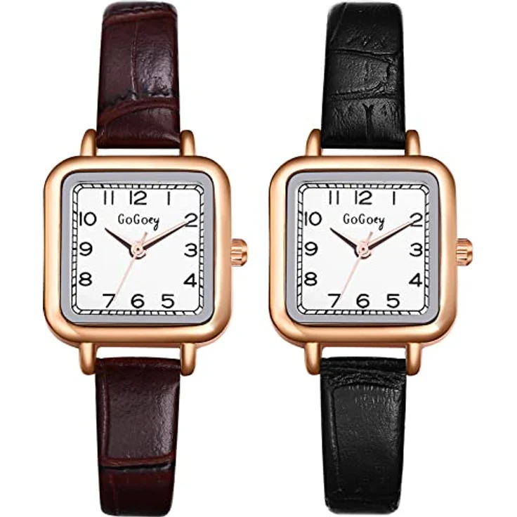 JewelryWe 2pcs Analog Quarz Armbanduhr Damen, schlicht quadratisch mit PU Lederarmband, schwarz – Bild 1