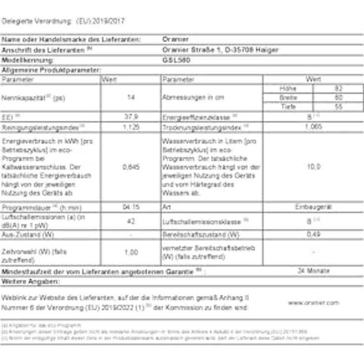 Oranier GSL580, Vollintegrierbarer Einbaugeschirrspüler mit 14 Maßgedecken und 6 Spülprogrammen, Edelstahl-Innenbehälter – Bild 9