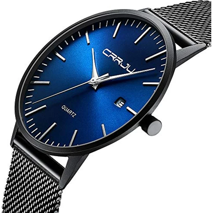 CRRJU Ultra Dünne Herren Uhr, Wasserdichte Armbanduhr mit Schwarz Blauem Zifferblatt und Edelstahlband Mesh, Analog Quarz Business Uhr – Bild 2