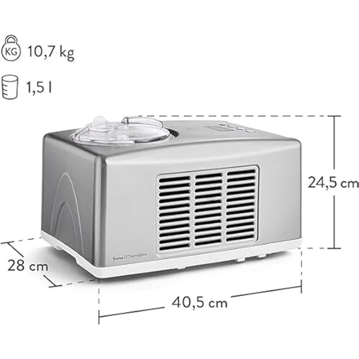 Springlane Kitchen Eismaschine Emma 1,5 L mit selbstkühlendem Kompressor 150 W, aus Edelstahl mit entnehmbarem Eisbehälter, inkl. Rezeptheft (Silber, Emma Silber + 4 Eisbehälter Mini Mint) – Bild 4
