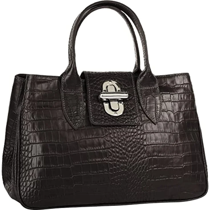 Cluty Leder Damen Handtasche mit Croco-Prägung, braun, zwei Tragegriffen und abnehmbarem Schulterriemen – Bild 3