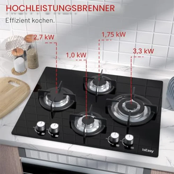 IsEasy Gaskochfeld, Glas Schwarz (4 Brenner) mit Sicherheitsventil und Impulszündung, 640x520mm – Bild 4