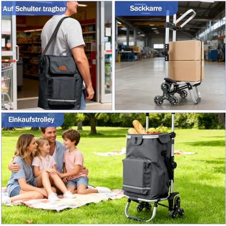 Sekey XXL Einkaufstrolley Treppensteiger mit 3 Rädern, Aluminium 3-in-1 Trolley, höhenverstellbarer Griff, inklusive Kühlfach und Getränkefach, grau – Bild 5