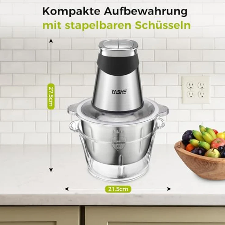 YASHE 1, 8L+2L Elektrischer Zerkleinerer mit Glas- und Edelstahlschüssel, 500W, Schwarz/Edelstahl – Bild 6