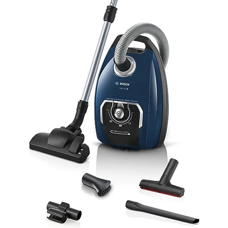 Bosch Staubsauger mit Beutel Serie 8 BGL8XPERF, Bodenstaubsauger, ideal für Allergiker, Hygiene-Filter, 10 Jahre Motorgarantie, XXL-Polsterdüse, langes Kabel, Made in Germany, leise, 700 W, blau