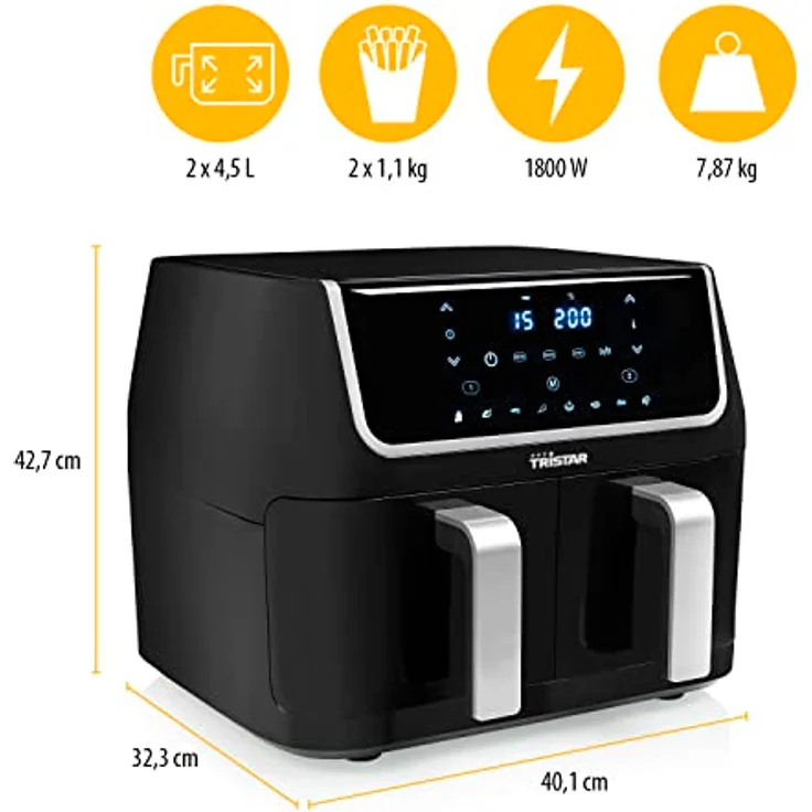 Tristar Heißluftfritteuse mit Doppelkammer FR-6970 – 60% weniger Energieverbrauch – 2 x 4,5L Fassungsvermögen – 1800 W – separate Temperaturen für 2 Kammern – 8 Programme – Schwarz – Bild 3
