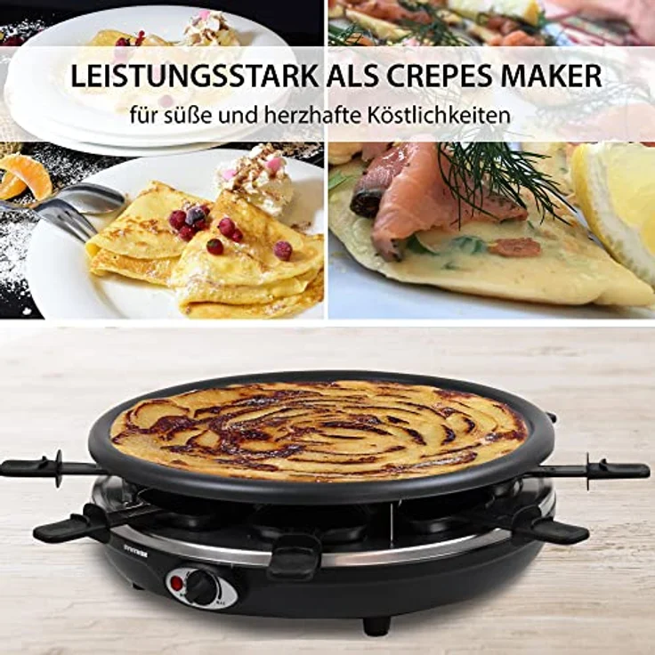 Syntrox Germany RAC-1350W-Waadt 4 in 1 Raclette Grill Fondue Heißer Stein für 8 Personen, Edelstahl Design – Bild 5