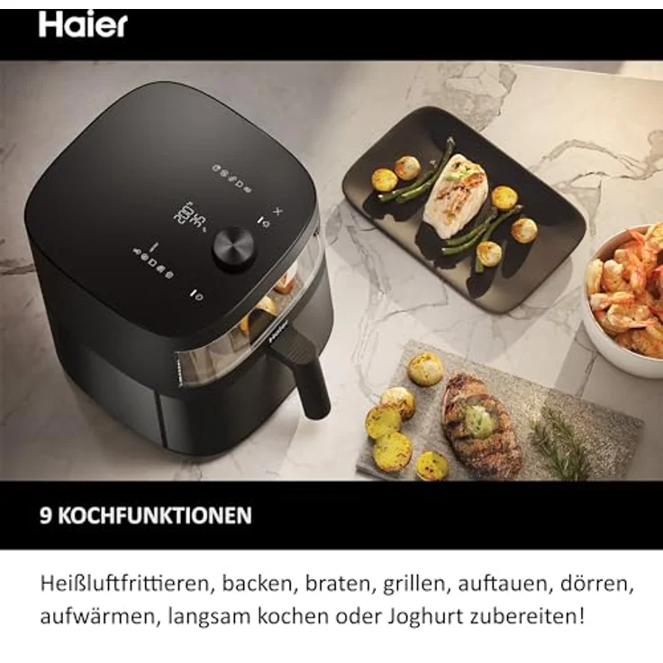 Haier Heißluftfritteuse mit Glasfenster I Airfryer mit 9 Programmen & 7 Liter Fassungsvermögen I 1700W Fryer mit LED Display I Fritteuse Heißluft ohne Fett I spülmaschinenfest [Serie 5 - HAF5TWA] – Bild 2