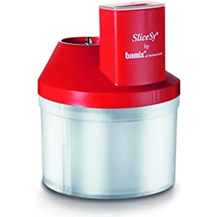 bamix Zubehör SliceSy für alle bamix Stabmixer ab 180 Watt, inkl. 5 Scheiben, Küchenmaschine multifunktional zum Schneiden, Mahlen, Hacken, Rot