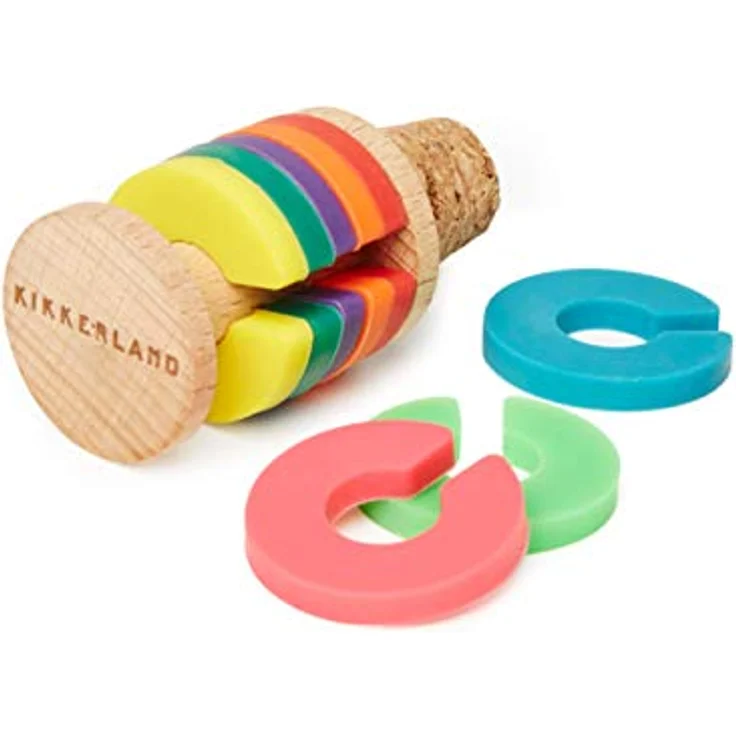 Kikkerland Rainbow Wine Rings + Stopper (BA91) - 8er Set Glasmarkierer in Regenbogenfarben, spülmaschinengeeignet – Bild 1