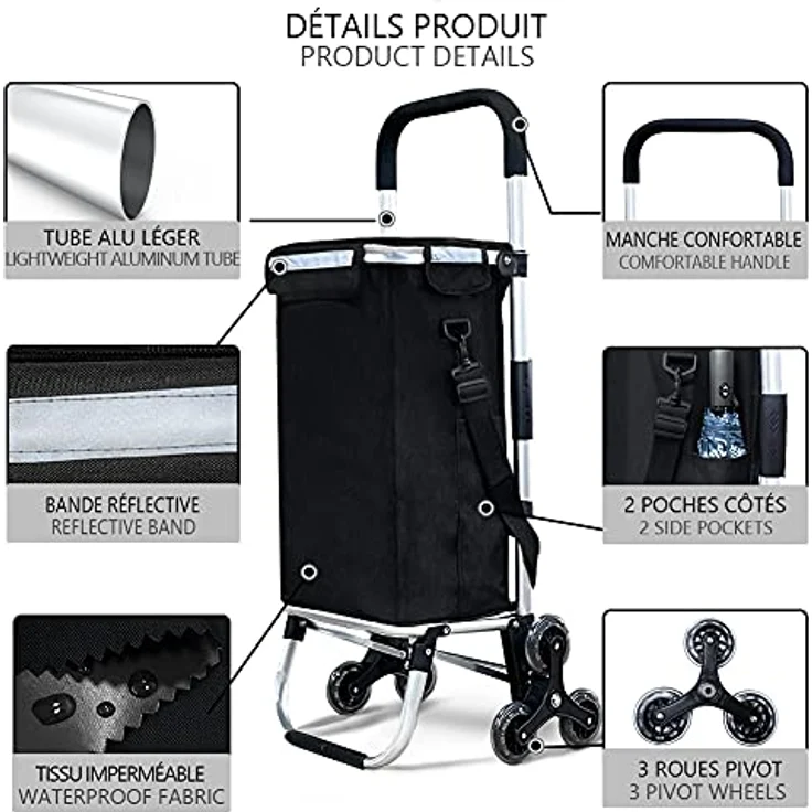 VOUNOT Aluminium Einkaufstrolley Treppensteiger, Trolly Einkaufswagen Klappbar, Hackenporsche mit 6 Räder und Kühlfach, Wasserdicht, 50L, Schwarz – Bild 2