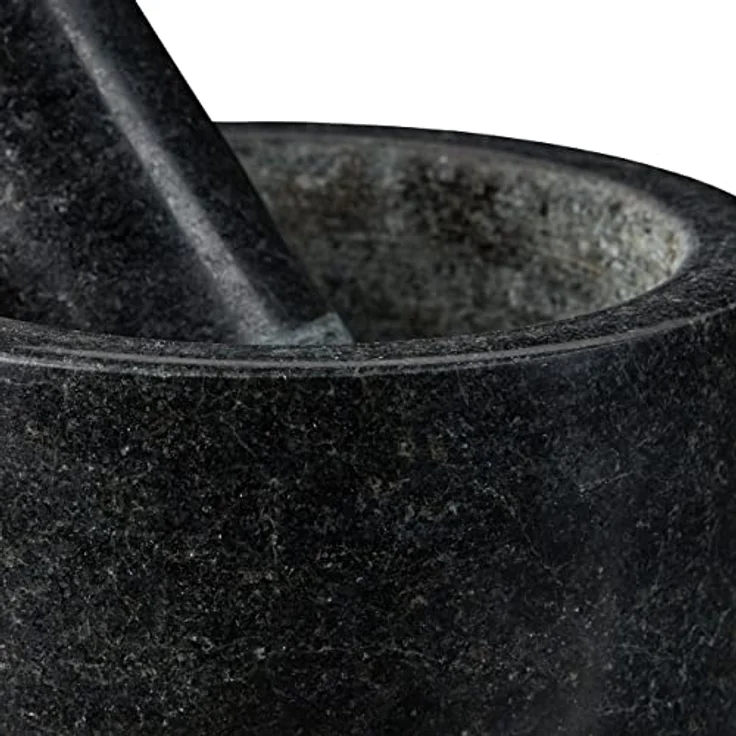 Relaxdays Granit Mörser mit Stößel, robust & langlebig, Gewürze, Kräuter, polierter Steinmörser, Ø 13 cm, 500ml, schwarz – Bild 8