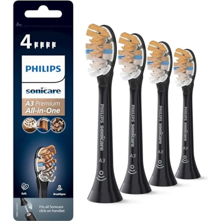 Philips Sonicare Original A3 Premium All-in-One-Ersatz-Bürstenkopf für die elektrische Zahnbürste – 4er-Pack Philips Sonicare Ersatz-Bürstenköpfe in Schwarz (Modell HX9094/11) – Bild 1