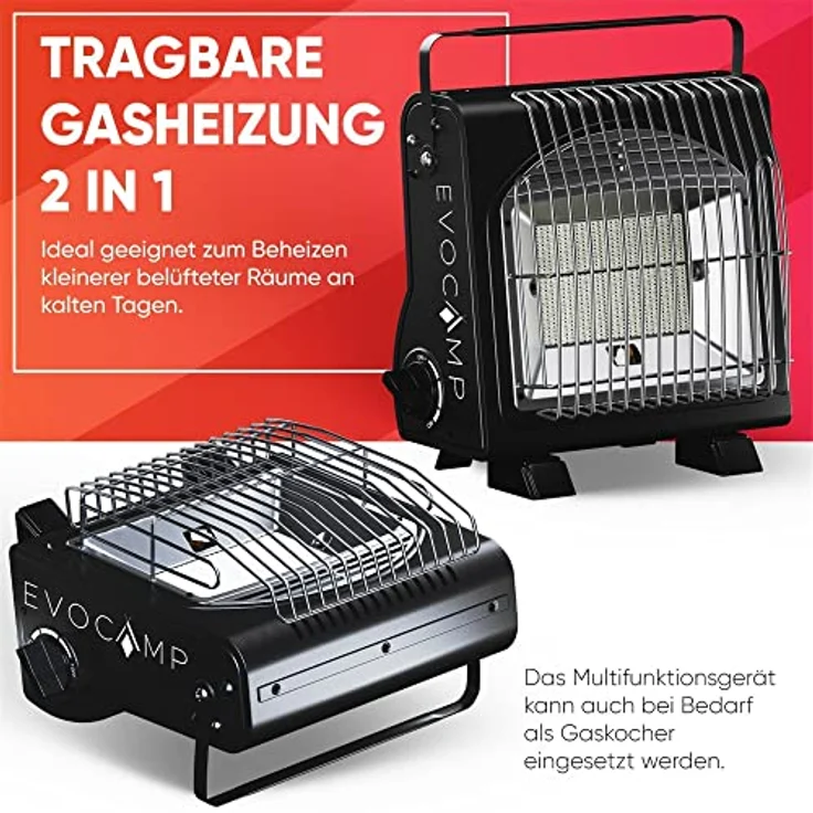 EVOCAMP tragbare Gasheizung und Gaskocher 2-in-1, Camping Heizung mit hoher Leistung 1,7 kW, multifunktionale Keramikheizung, perfekte Wärmequelle ohne Strom, Heizstrahler Gas (ohne Gaskartuschen) – Bild 2