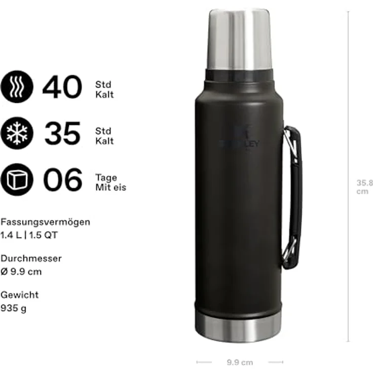Stanley 1913 Classic Legendary Thermosflasche 1.4L, Edelstahl, hält 40 Stunden heiß oder kalt, BPA-frei, spülmaschinenfest, schwarz 2.0 – Bild 2