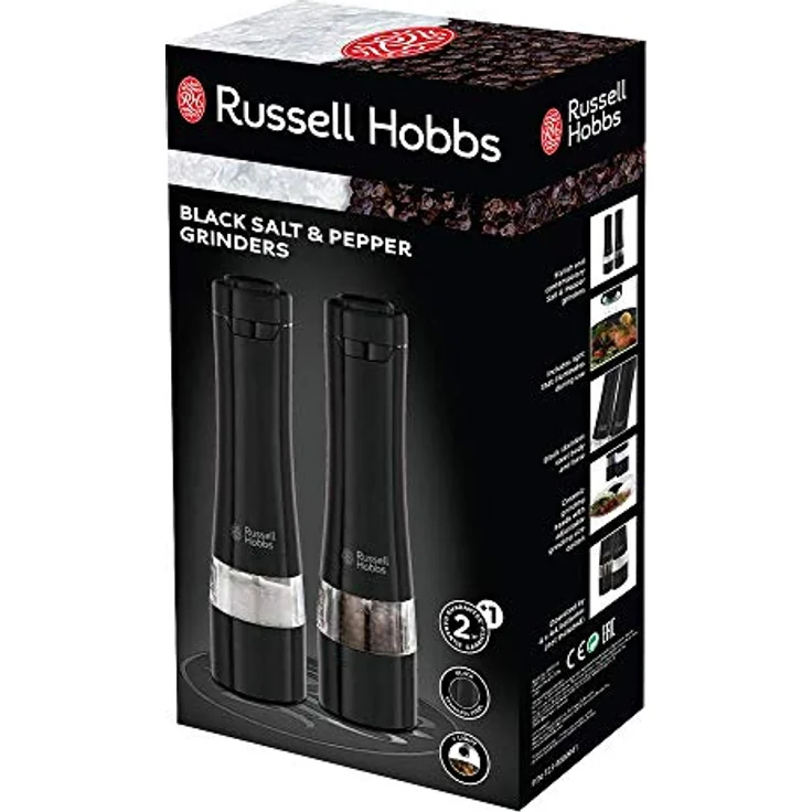 Russell Hobbs Salz und Pfeffer Mühle elektrisch Set, schwarz, Keramikmahlwerk, Mahlgrad einstellbar fein bis grob, LED Beleuchtung, batteriebetrieben, zwei Bodendeckel, Gewürzmühlen, 28010-56 – Bild 3