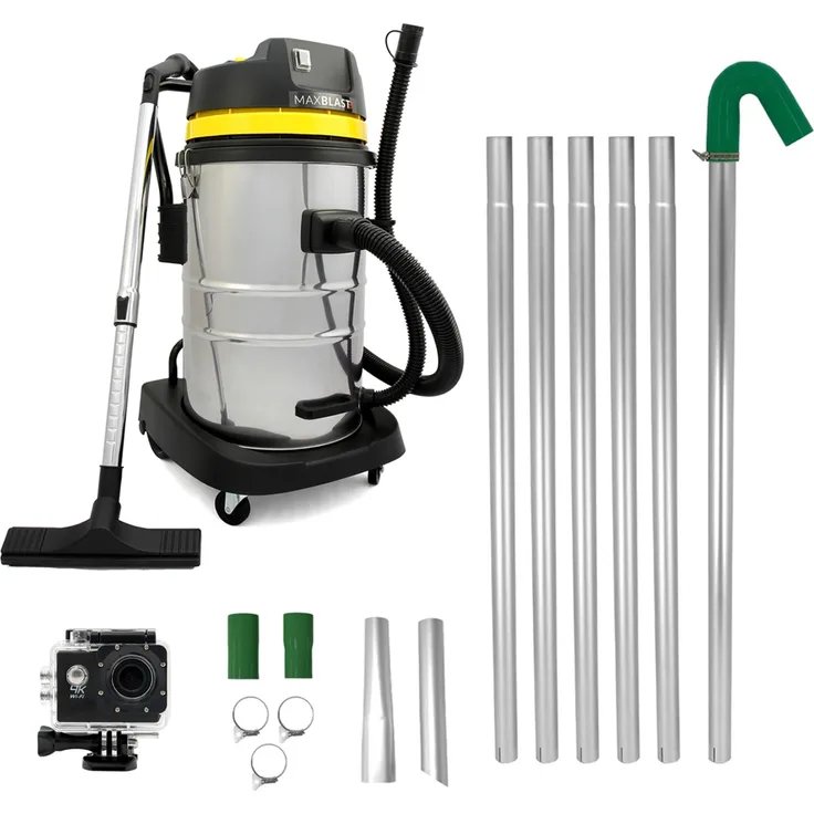 Monster Shop 50L Nass- & Trocken Industriestaubsauger, 1400W Motor, Dachrinnenstangen Set mit 4K Kamera und 4x Zoom, 1,2 - 7,5m Reichweite, Android/iOS kompatibel
