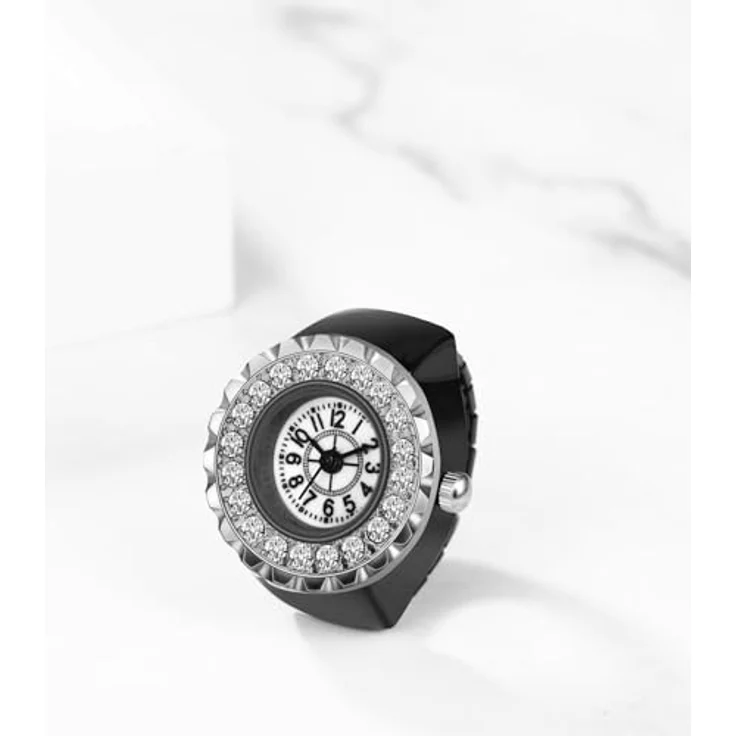 JewelryWe Ringuhr Fingeruhr Damen - Elegante Quarz-Uhrenring mit Strass, Schwarz Elastisches Band, 10m wasserdicht – Bild 2