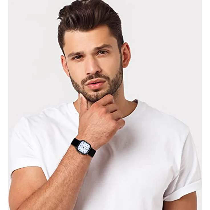 JewelryWe Herren Damen Armbanduhr, Klassische Analog Quarz Uhr mit Römischen Ziffern, Quadrat Zifferblatt, Leder Armband in Schwarz, Wasserdicht bis 10M – Bild 3