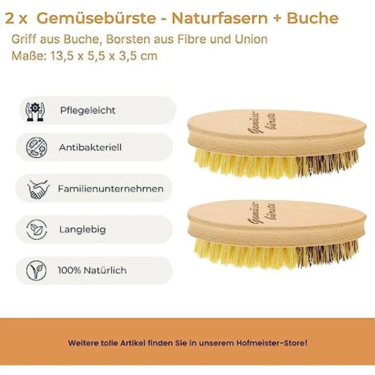 2X HOFMEISTER® Gemüsebürste, 13,5 cm, hochwertige Naturborsten in 2 Härtegraden: echt Union und Fibre, für Kartoffeln, Karotten & Gemüse, Wurzelbürste aus Buchen-Holz, Made in EU – Bild 2