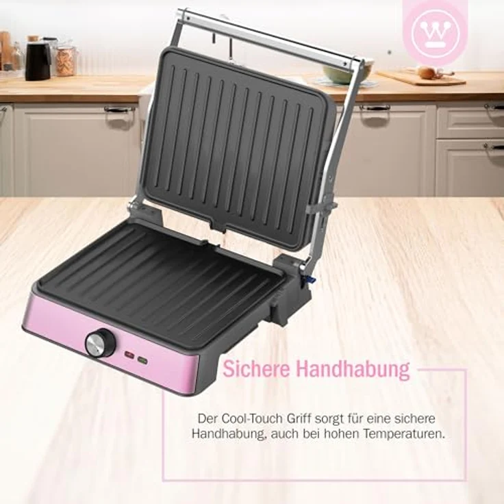 Westinghouse Kontaktgrill WKCG907PK, 2200 W, Antihaftbeschichtung, höhenverstelbar, 29 x 24 cm Grillfläche, Retro-Design, Edelstahlgehäuse – Bild 4