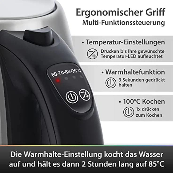 T24 Wasserkocher 2200W, Edelstahl, 1,7L, LED, 60 - 100 °C, Warmhaltefunktion, edelstahl - Preisvergleich – Bild 4