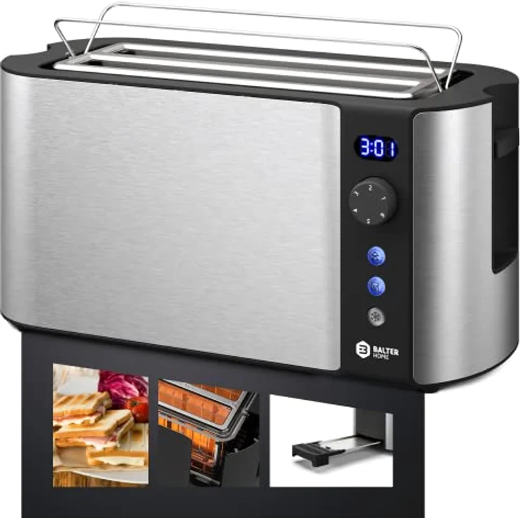 Balter TS-04-LCD, 4-Scheiben Langschlitztoaster mit 1500W, LCD Display, Restzeitanzeige, Doppelwandgehäuse, Brötchenaufsatz, Auftaufunktion, Silver – Bild 7