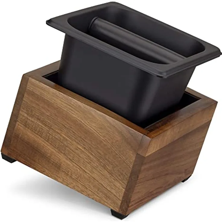 Navaris Abklopfbehälter aus Akazienholz 18x17x11cm - Abschlagbehälter für Siebträger - Zubehör für Espresso Kaffeemaschine Siebträgermaschine - natur schwarz