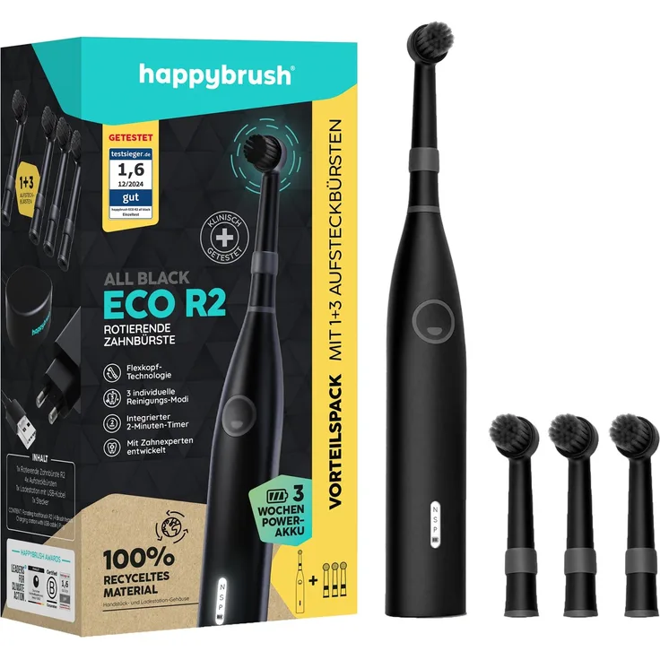 happybrush ECO R2 Allblack – Elektrische Oszillierende Zahnbürste, 3 Reinigungsstufen, Timer, 21 Tage Akkulaufzeit