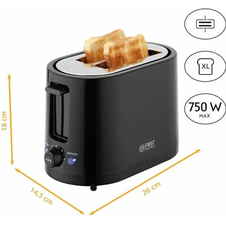 TZS First Austria Doppel Kurzschlitz Toaster, 2 Scheiben, schwarz, 750W, 7 Stufen, Warmhalte- und Auftaufunktion, inkl. Krümelschale – Bild 2