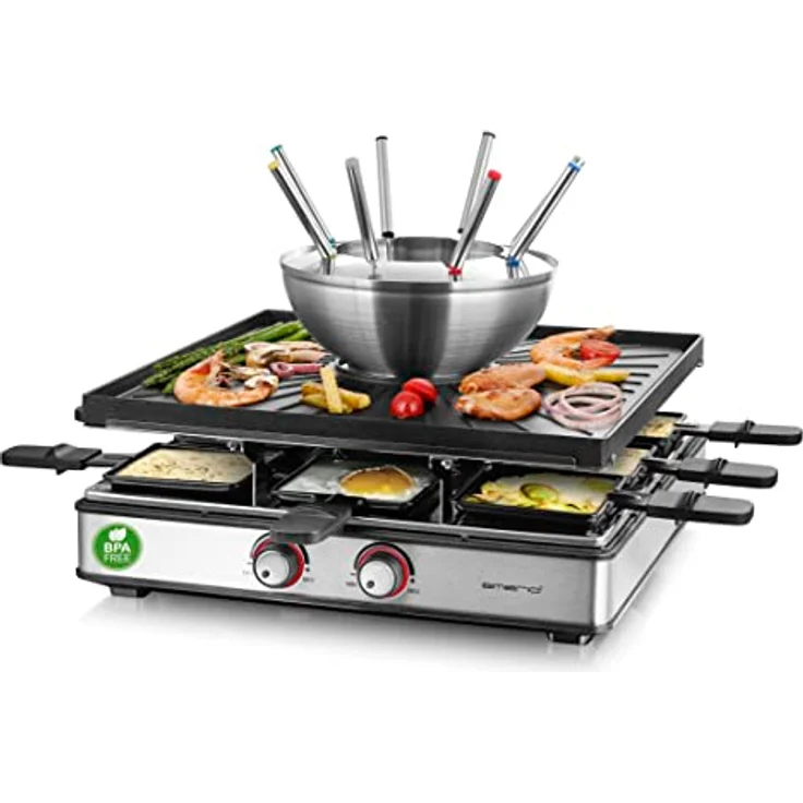 EMERIO 3in1 Raclette Station für bis zu 8 Personen, Grill Fondue, elektrisch, Temperaturregulierung, Bratfläche 38x37cm, Beleuchtung, 2200 Watt, platzsparend, Edelstahl, BPA frei, RG-128187, Schwarz – Bild 1