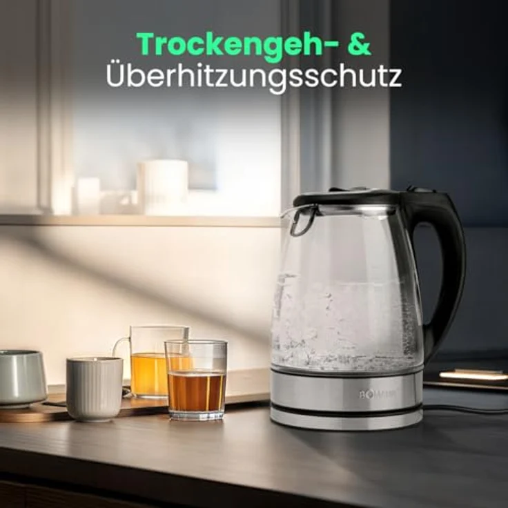 Bomann Glas-Wasserkocher WKS 6032 G CB, 1,7 Liter Füllmenge, Glas--Edelstahlgehäuse, kabellose Technik - leichtes Ein- und Ausgießen, verriegelter Sicherheitsklappdeckel, 360° drehbare Steckverbindung – Bild 8