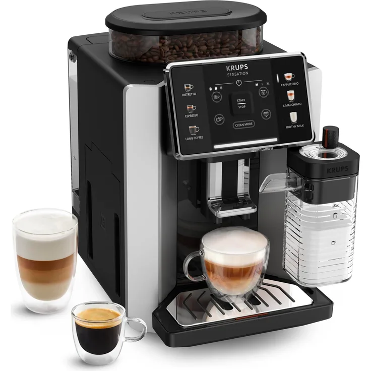 KRUPS EA912E10, Kaffeevollautomat mit integriertem Mahlwerk für perfekten Milchschaum und zwei Tassen Zubereitung, schwarz/silber